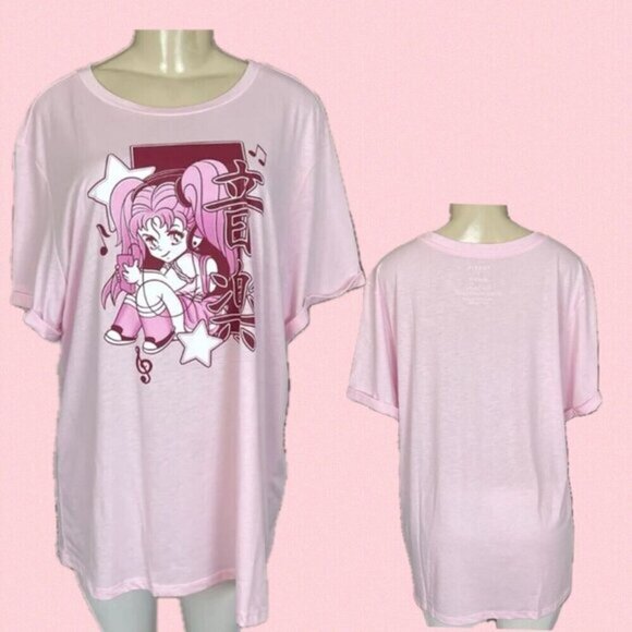 Torrid Plus 2 Pink Anime Music Graphic Crew Neck Roll Short Sleeve Tee - Picture 1 of 6